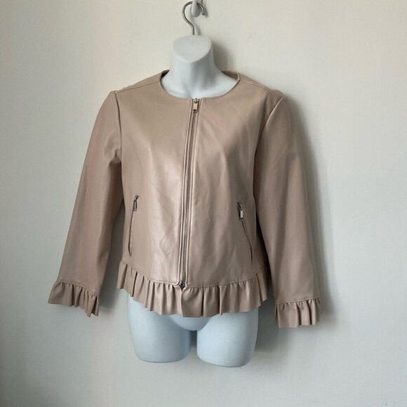 Catherine Malandrino Cream Moto Ruffle Hem Full Zip Jacket Size 8 - Picture 2 of 8
